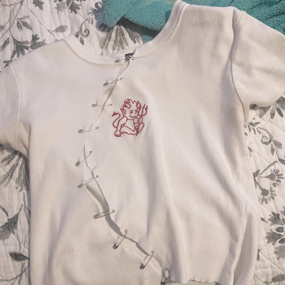 Brandy Melville Cropped White Baby Tee with Devil